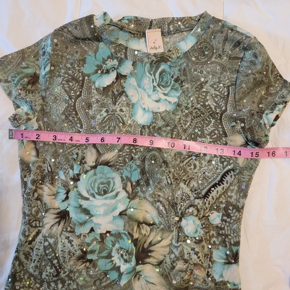 Judy Jr. Women's size small short sleeve see-through floral shirt with sparkles - Picture 7 of 12
